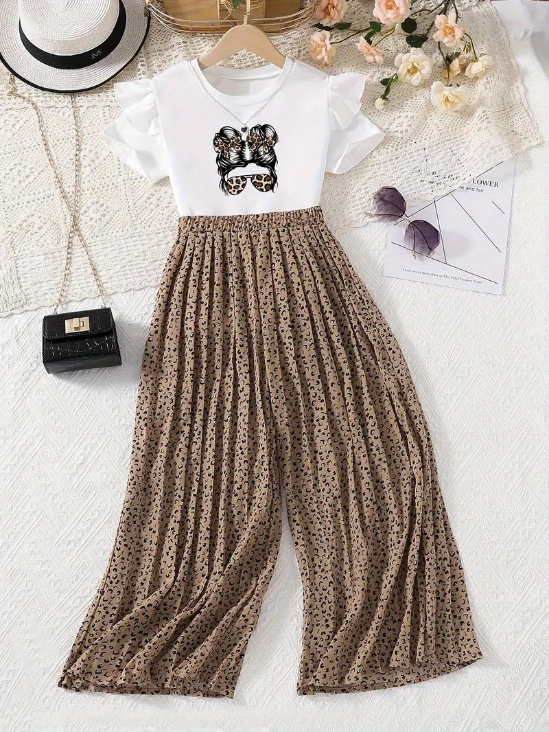 2 Pc Set, Girl Printed Frill Top & Leopard Print Pants