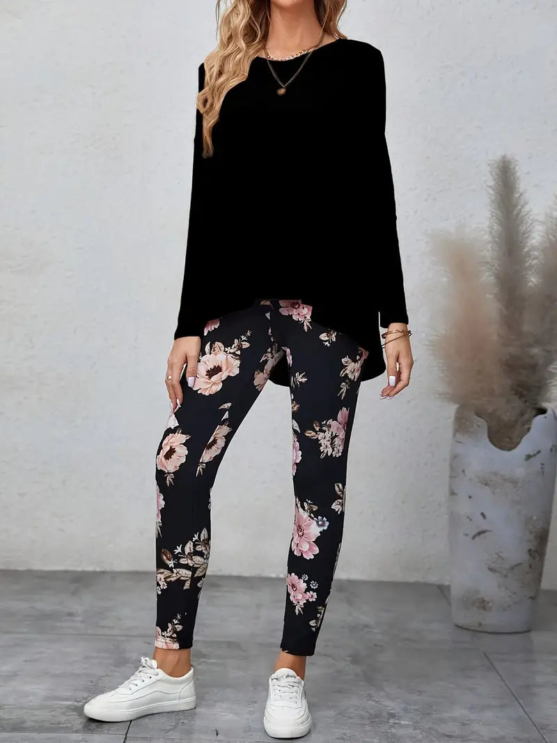 Casual Solid Color Top & Floral Print Pants Set (S-8)