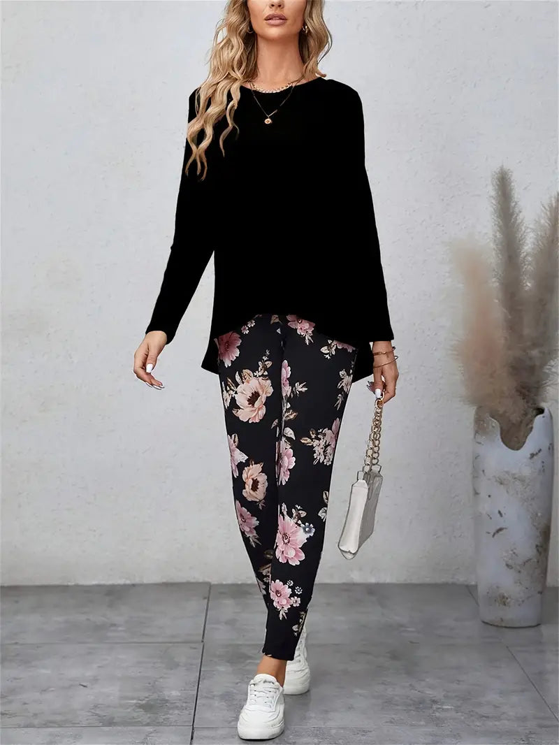 Casual Solid Color Top & Floral Print Pants Set (S-8)