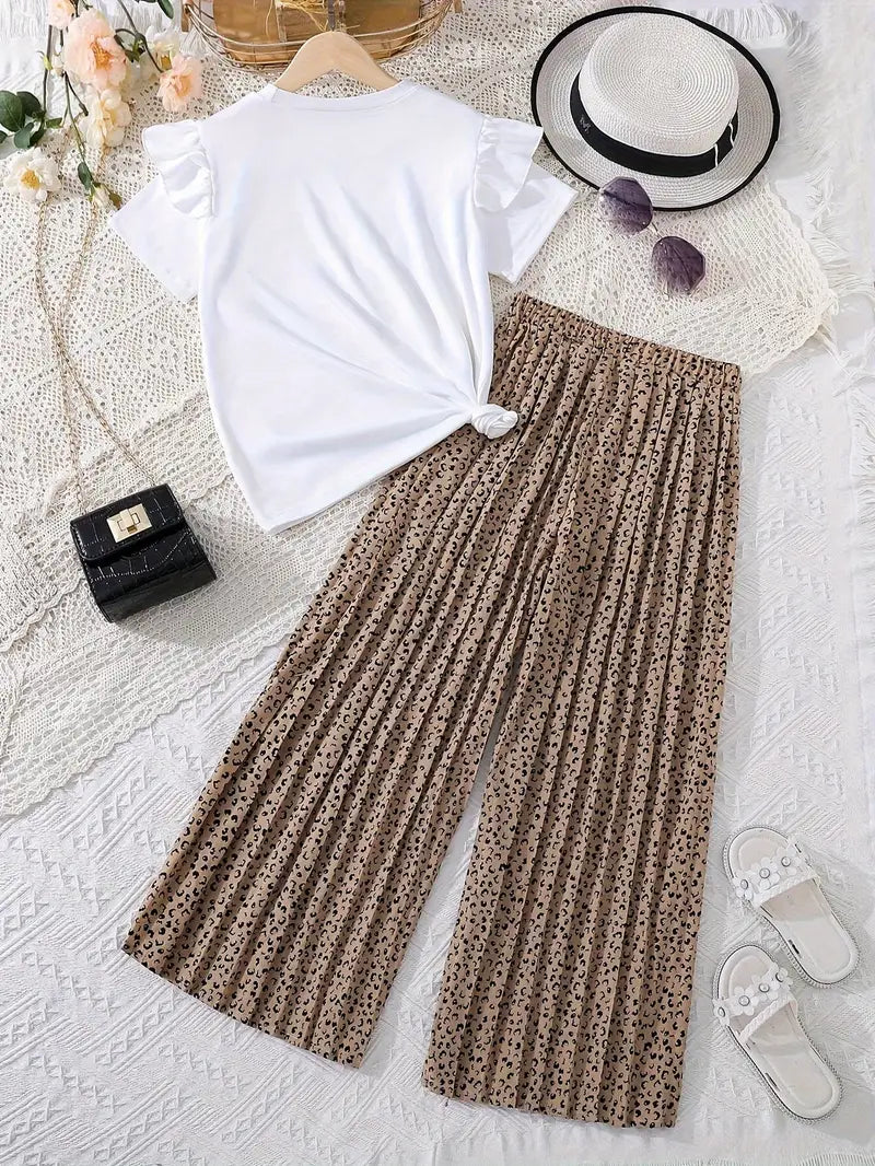 2 Pc Set, Girl Printed Frill Top & Leopard Print Pants