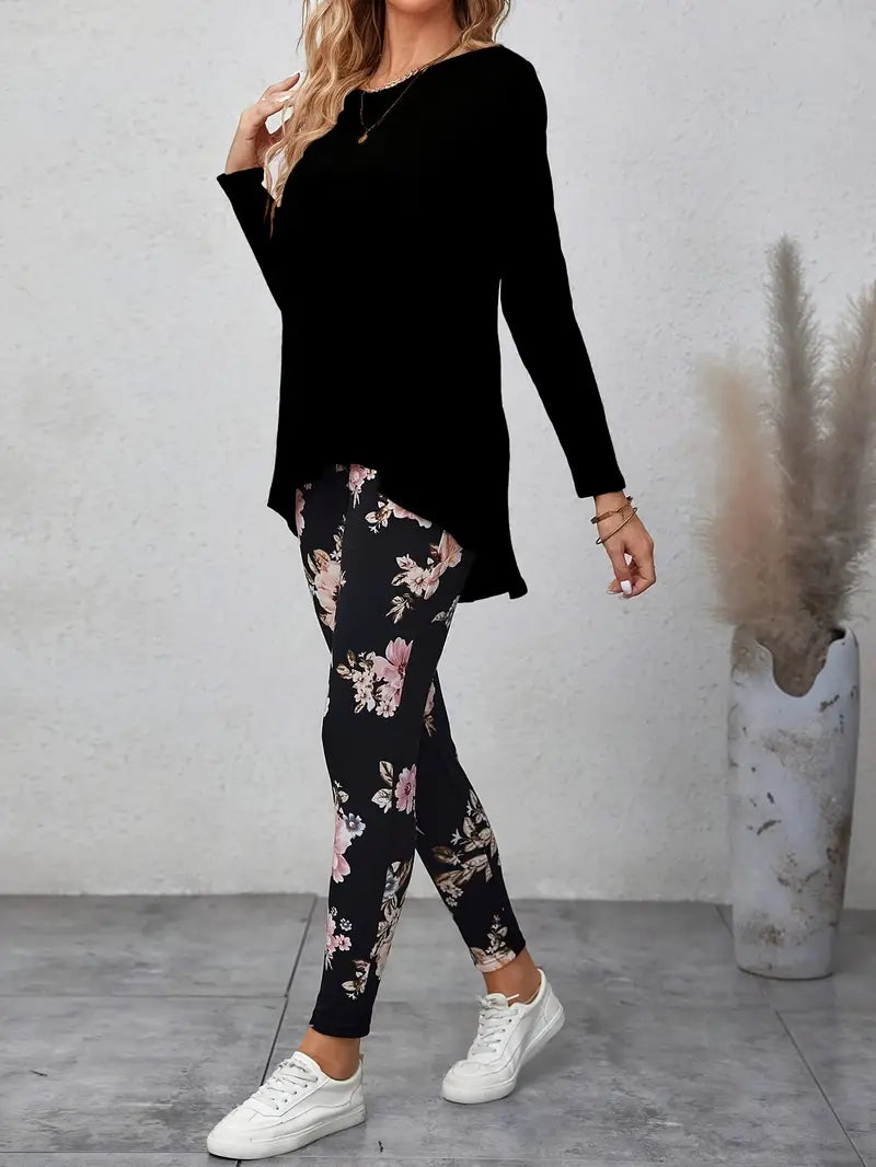 Casual Solid Color Top & Floral Print Pants Set (S-8)