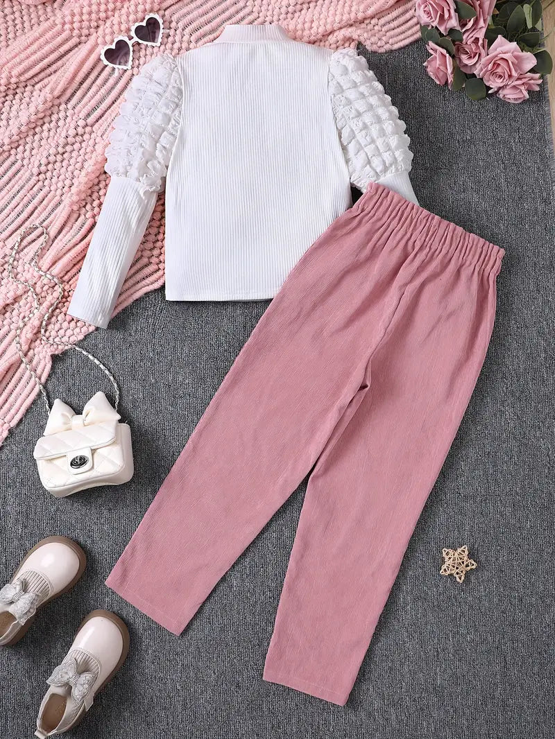 2PC Elegant Puffed Long Sleeve top & Corduroy Pant Set