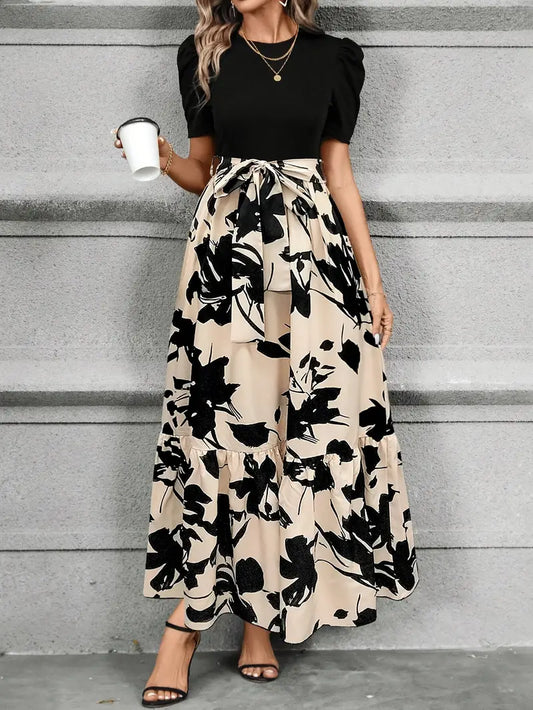 Floral Print Lace up Splicing Dress