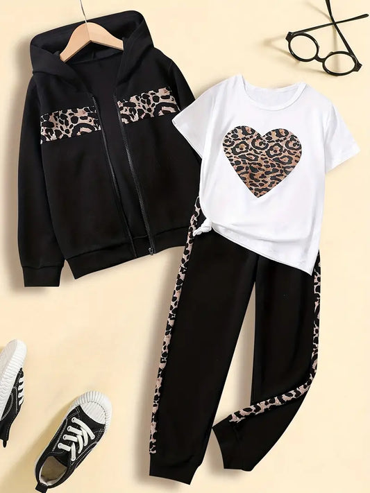 Girls 3Pc Trendy Tracksuit Set (Leopard Print/Heart)
