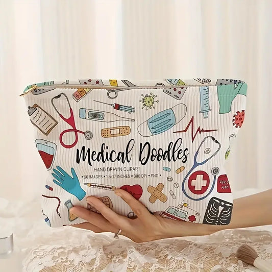 Novelty Storage Medical Doodles Corduroy Bag with Zipper (26cmx18cmx5cm)