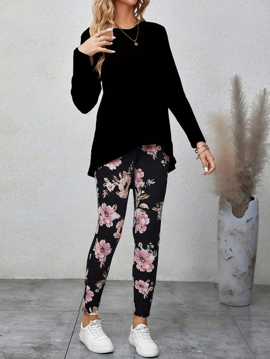 Casual Solid Color Top & Floral Print Pants Set (S-8)