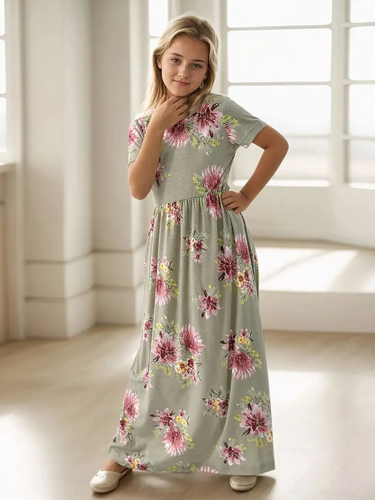 Girls Long, Loose and Casual Summer Dress (Green)