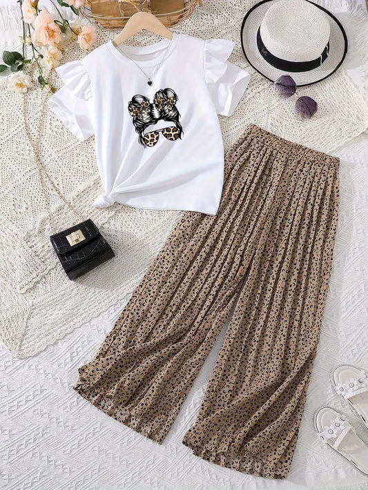 2 Pc Set, Girl Printed Frill Top & Leopard Print Pants