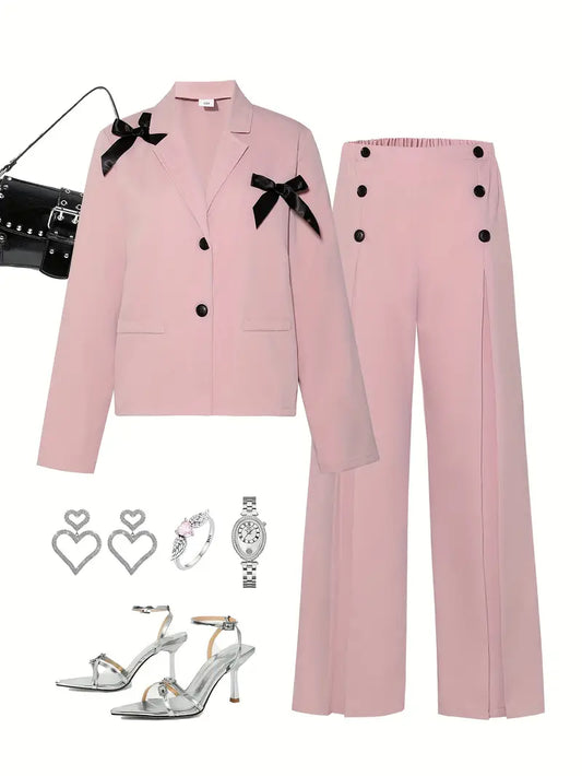 Chic Teen Girl Bow Knot Blazer Suit (Pink)