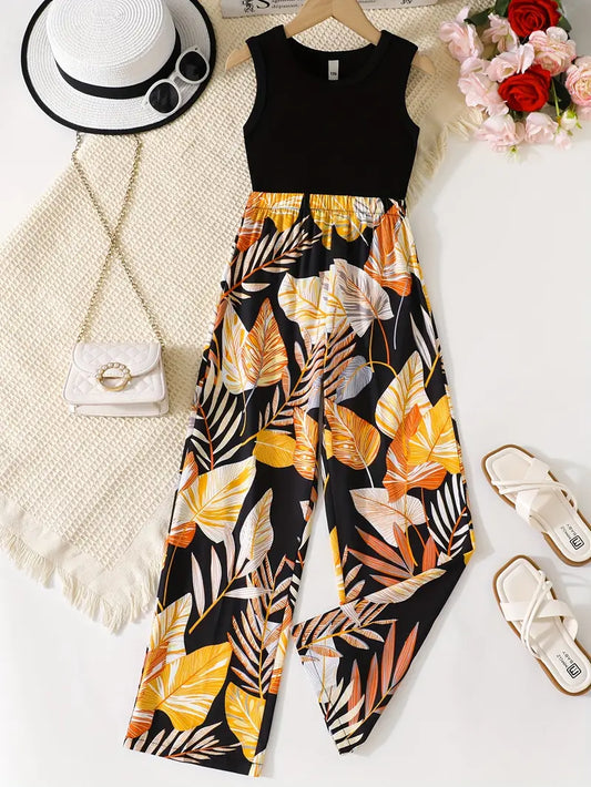2 Pcs Tropical Wide-leg Trousers + Tank Top Set