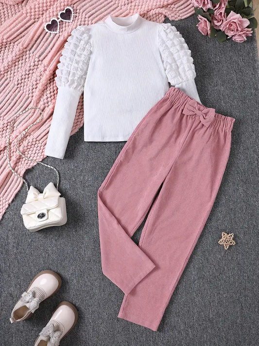 2PC Elegant Puffed Long Sleeve top & Corduroy Pant Set