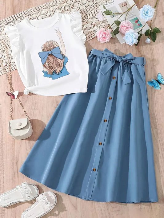 2Pc Cartoon Girl Portrait top & Denim Color Skirt Set