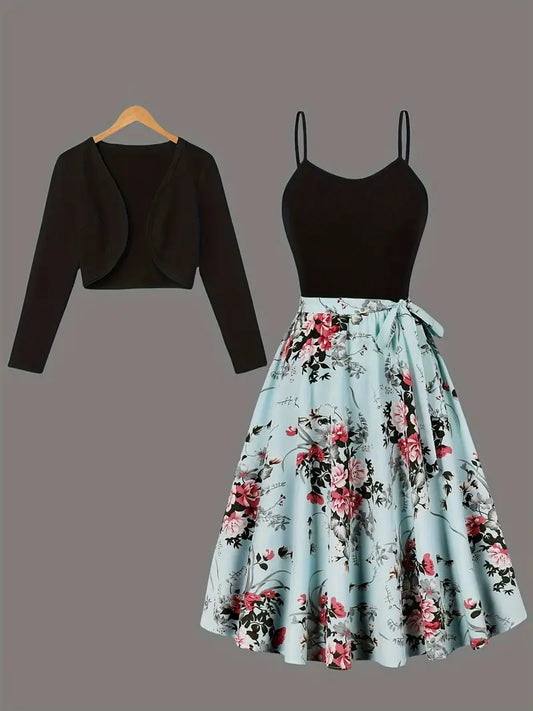2 Pc Floral Print Pleated Elegant Dress