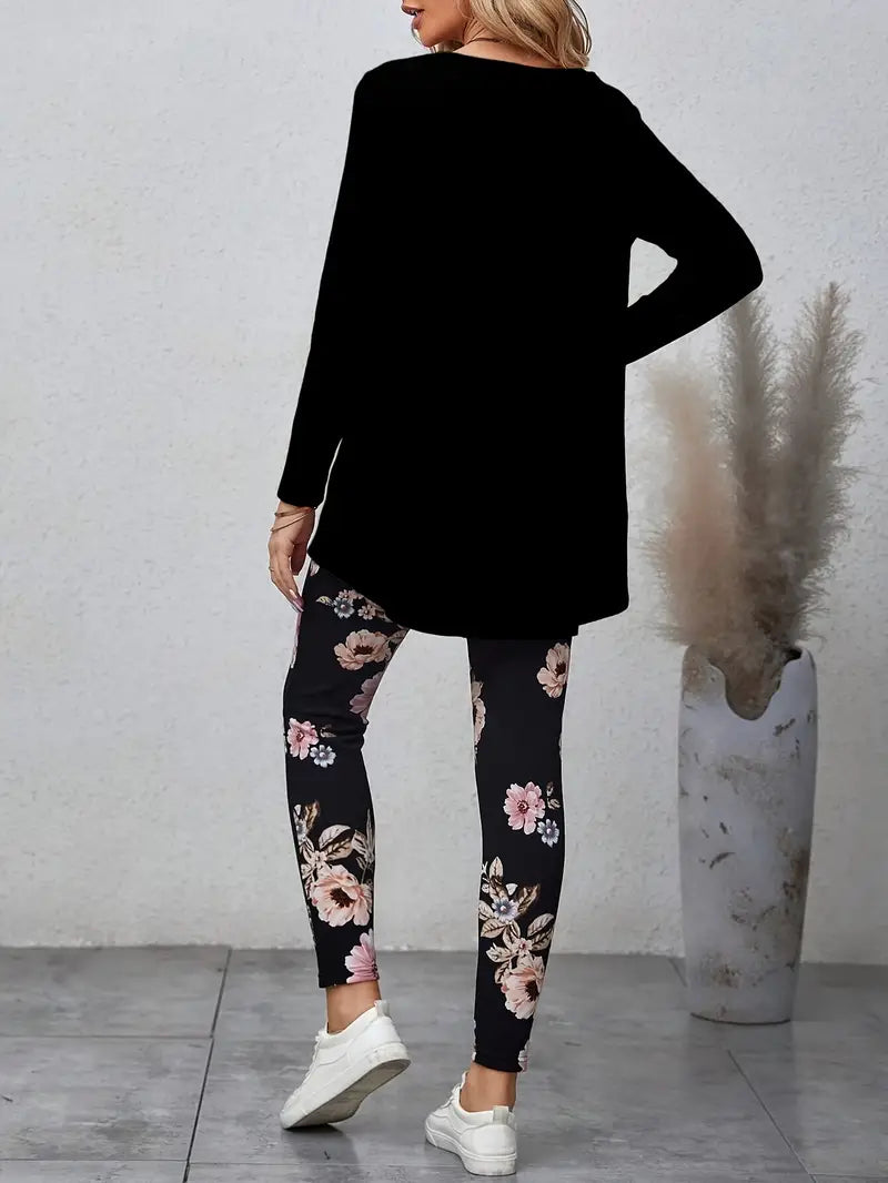 Casual Solid Color Top & Floral Print Pants Set (S-8)