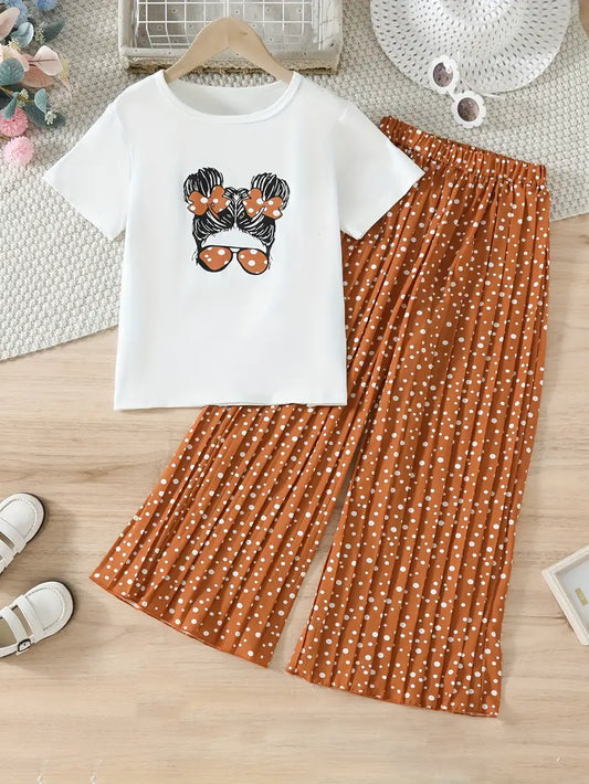 2Pc Girls Polka Dot Set (Light Brown)