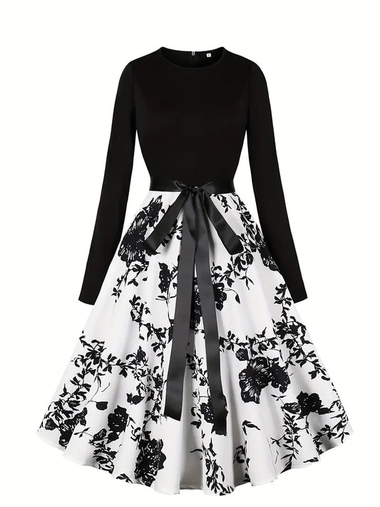 Elegant Black & White Long Sleeve Floral Dress